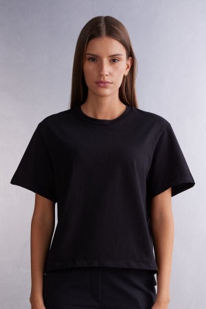 Intimissimi Boxy Fit Cotton Short Sleeve Damen Schwarz | KPI-564078