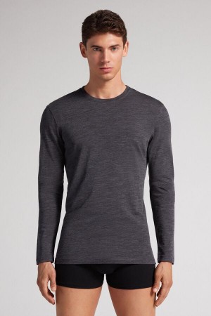 Intimissimi Crew-Neck Merino-Wool Langarm Shirts Herren Grau | QOB-634798