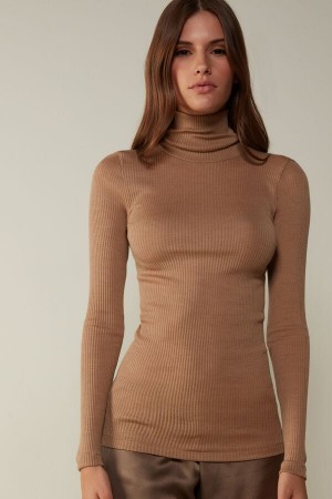 Intimissimi High-Neck Tubular In Wool And Silk Pullover Damen Braun | GHU-620394