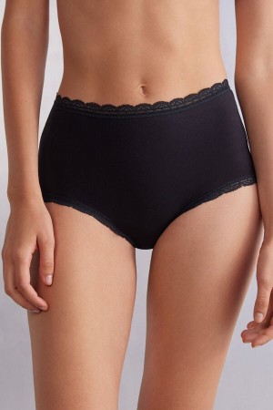 Intimissimi High Rise Cotton And Lace Hipsters Slip Damen Schwarz | ZCQ-520861