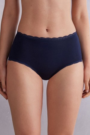 Intimissimi High Rise Cotton And Lace Hipsters Slip Damen Blau | DHE-254397