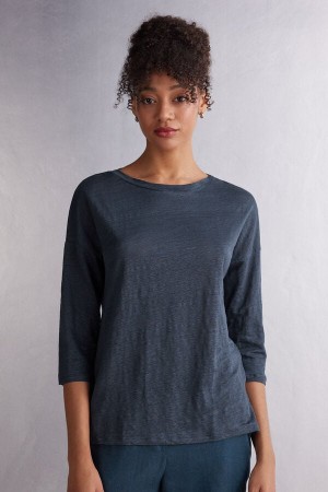 Intimissimi Linen Bateau Neck Langarm Shirts Damen Blau | QTP-903824