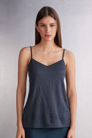 Intimissimi Linen V-Neck Tanktop Damen Blau | BJF-539207