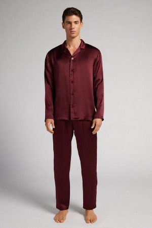 Intimissimi Long Silk Piped Pyjama Herren Dunkelrosa Rot | DLN-234689