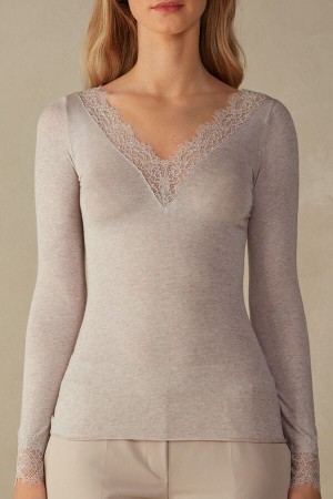 Intimissimi Modal Cashmere Ultralight Long Lace Hemd Damen Beige | FRO-214659