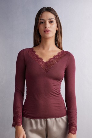 Intimissimi Modal Cashmere Ultralight Long Lace Hemd Damen Rot | LOP-926804