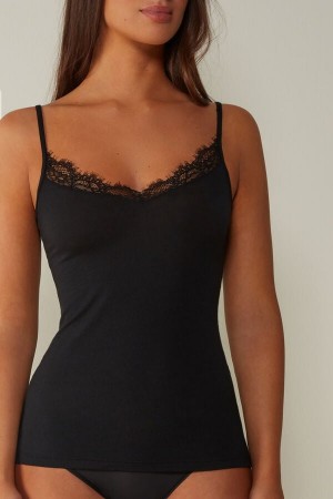 Intimissimi Modal Ultralight Cashmere Blend With Lace Tanktop Damen Schwarz | ZJP-954613