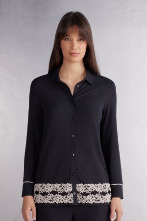 Intimissimi Pretty Flowers Button Up In Modal Hemd Damen Schwarz Weiß | NIB-732641