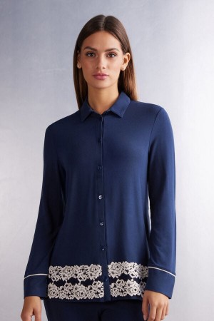 Intimissimi Pretty Flowers Button Up In Modal Hemd Damen Tiefesblau Hellgelb | AWY-916307