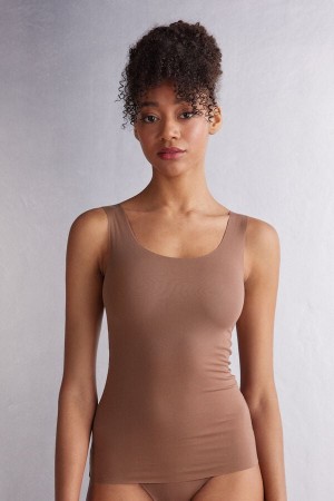 Intimissimi Raw Edge Round Neck Cotton Tanktop Damen Dunkelbeige | XCN-523714