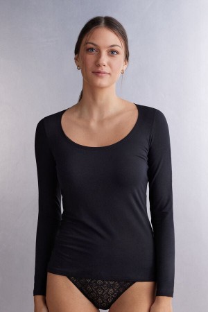 Intimissimi Scoop Neck In Micro-Modal Langarm Shirts Damen Schwarz | XCR-941860