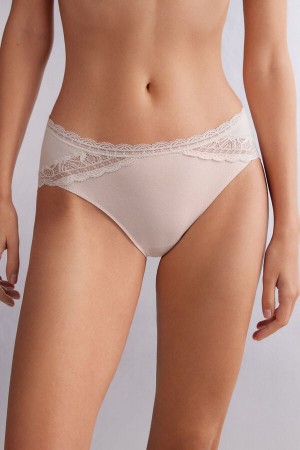 Intimissimi Semi-High Rise Cotton And Lace Höschen Damen Weiß Rosa | OZF-823051