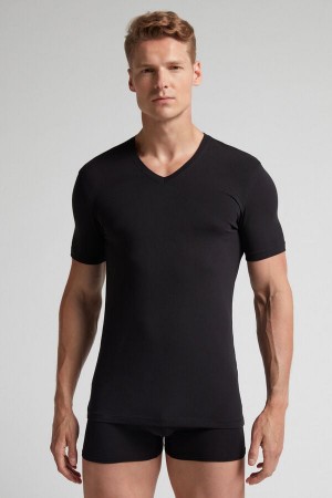 Intimissimi Stretch Superior Cotton V-Neck T-Shirt Herren Schwarz | XUE-967451