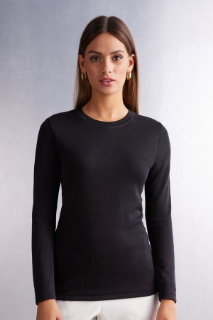 Intimissimi Wool Cotton Crewneck Pullover Damen Schwarz | QNC-076513