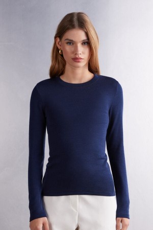 Intimissimi Wool Cotton Crewneck Pullover Damen Blau | QIG-235948