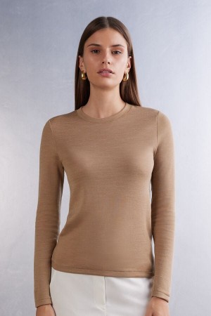 Intimissimi Wool Cotton Crewneck Pullover Damen Braun | KTW-013952