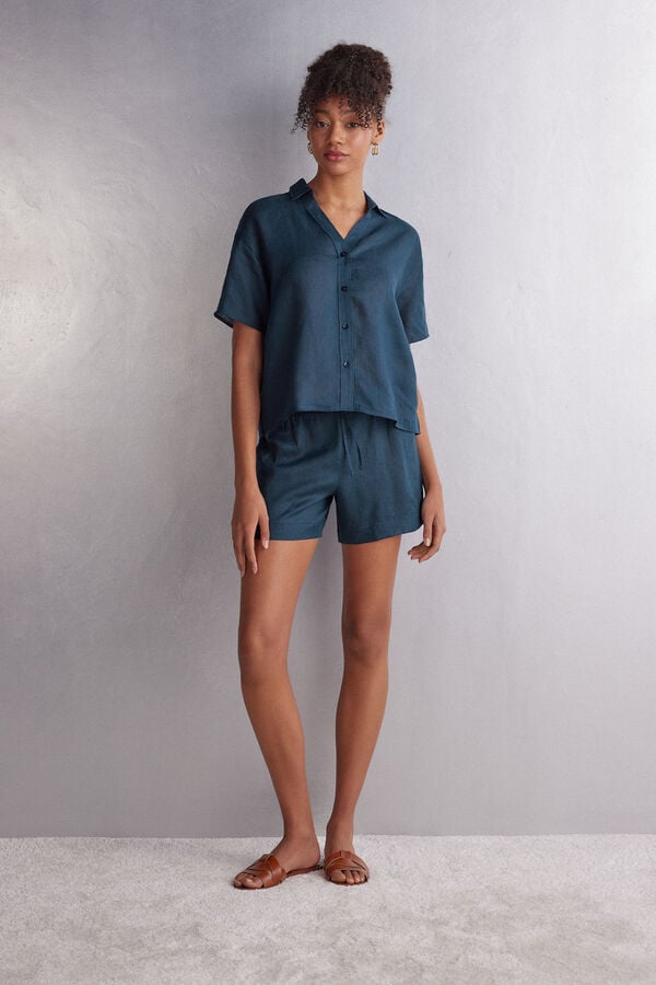 Intimissimi Linen Cloth Short Sleeve Damen Blau | PUB-710859