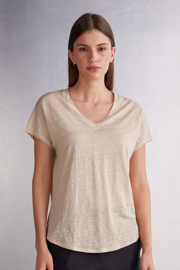 Intimissimi Linen V-Neck Short Sleeve Damen Beige | BRS-051746