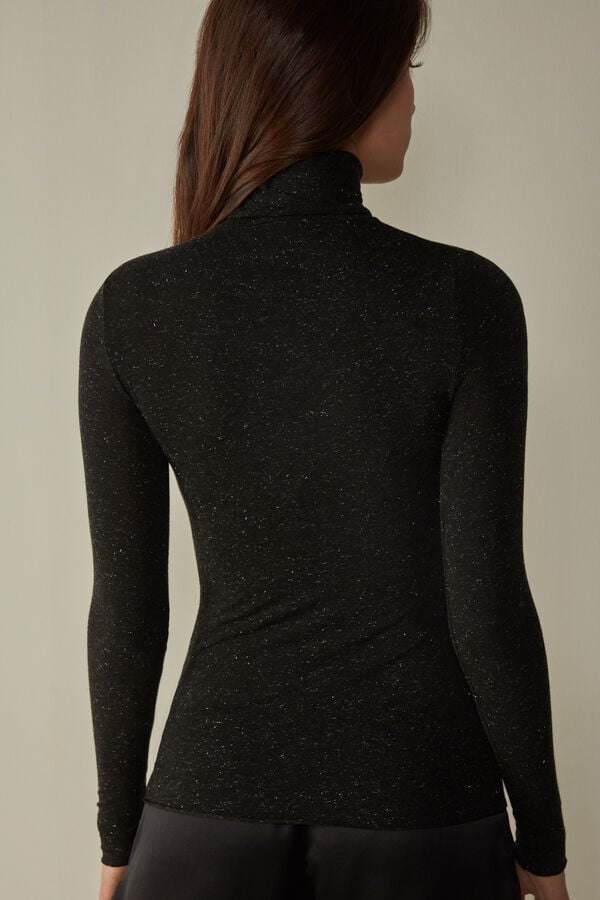 Intimissimi Turtleneck In Modal Light With Cashmere Lamé Langarm Shirts Damen Schwarz | HWJ-093452