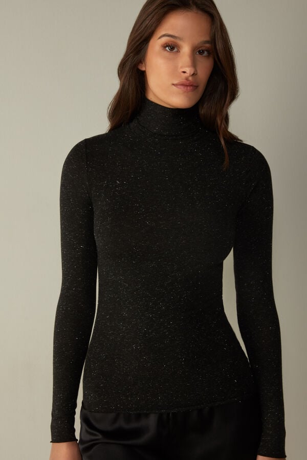 Intimissimi Turtleneck In Modal Light With Cashmere Lamé Langarm Shirts Damen Schwarz | HWJ-093452