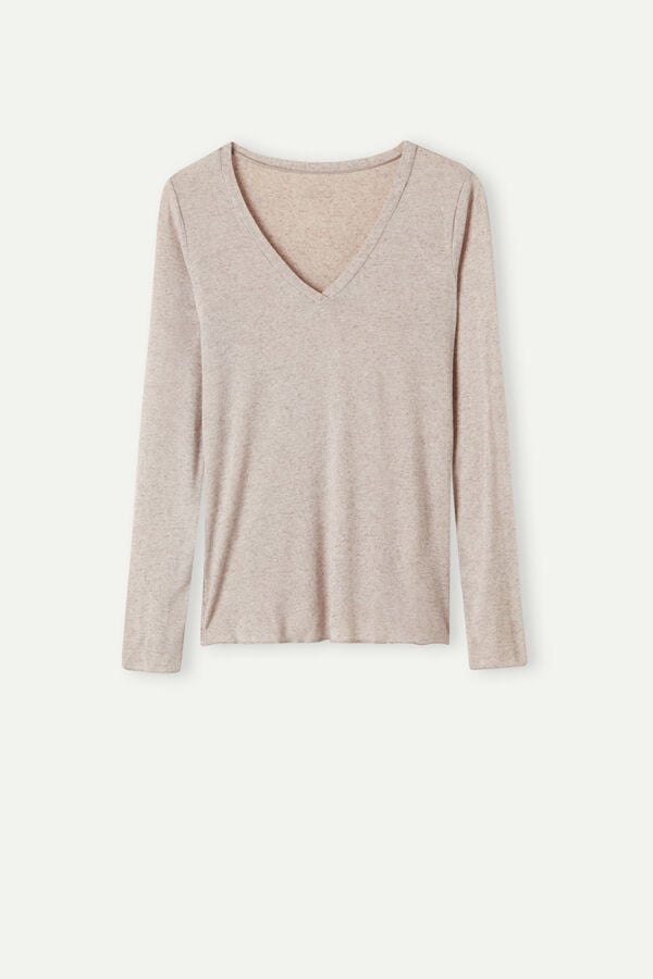 Intimissimi V-Neck Top In Modal Ultralight With Cashmere Langarm Shirts Damen Beige | MGO-316758