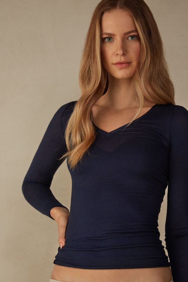 Intimissimi V-Neck Top In Modal Ultralight With Cashmere Langarm Shirts Damen Blau | HJW-725186