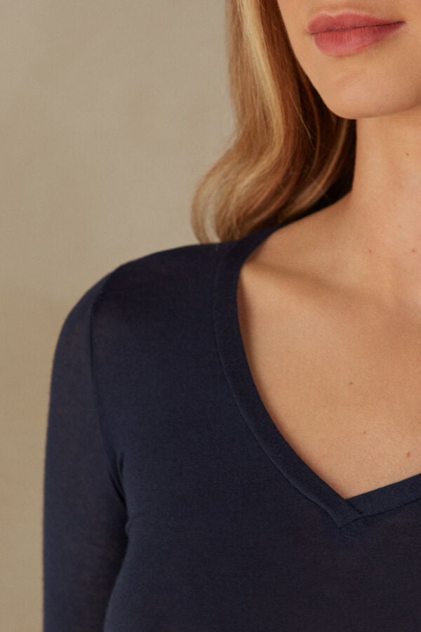 Intimissimi V-Neck Top In Modal Ultralight With Cashmere Langarm Shirts Damen Blau | HJW-725186