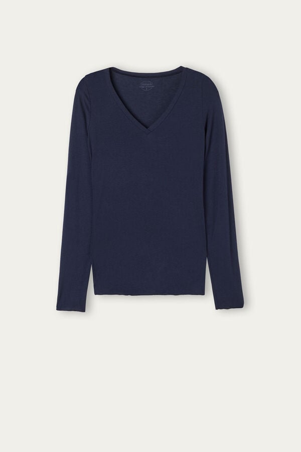 Intimissimi V-Neck Top In Modal Ultralight With Cashmere Langarm Shirts Damen Blau | HJW-725186